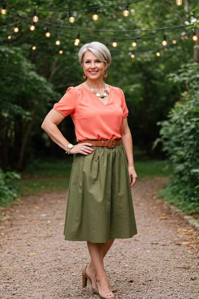 Coral Puff Sleeve Blouse + Olive Green Midi Skirt + Nude Peep Toe Heels