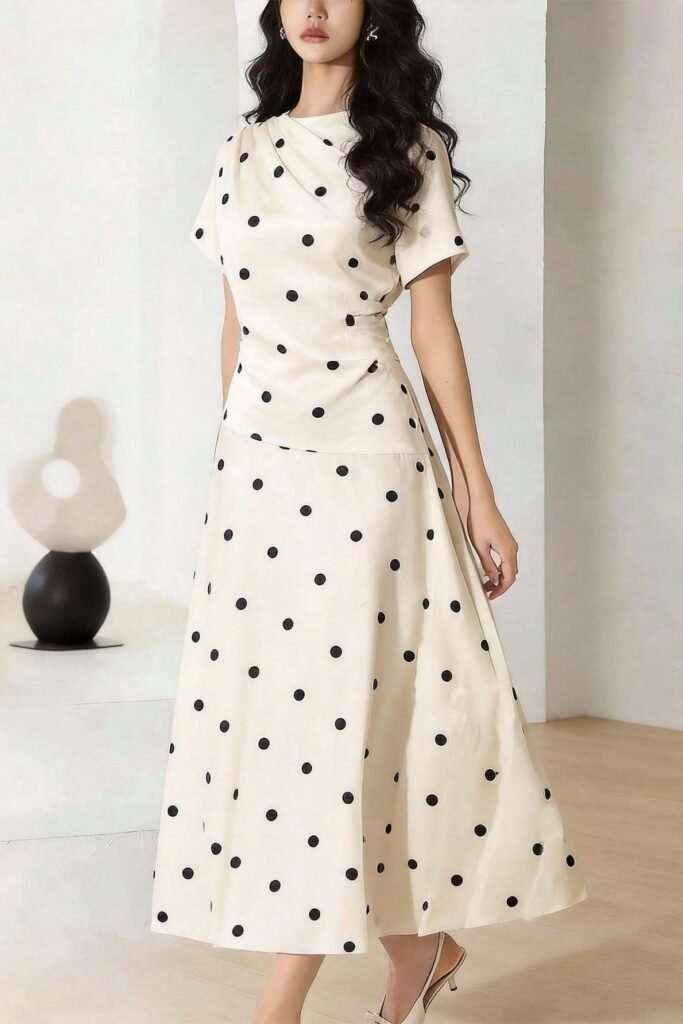 Cream Asymmetrical Polka Dot Dress + Cream Slingback Heels