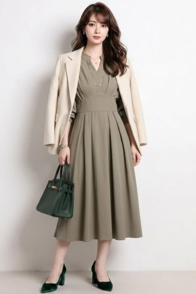 Cream Blazer + Olive Green V Neck Pleated Dress + Dark Green Velvet Pumps