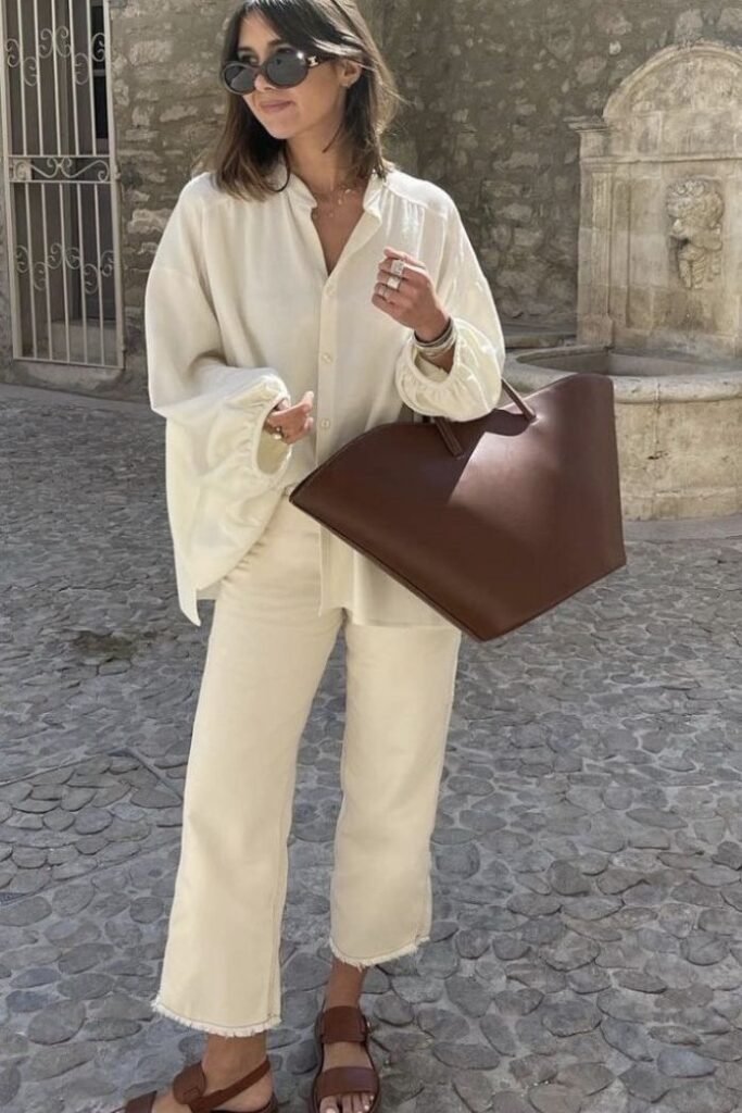  Cream Button Down Blouse + Cream Cropped Pants + Brown Sandals