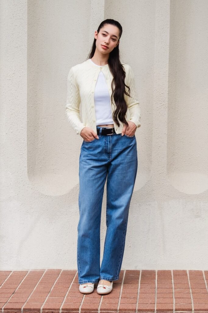 Cream Cable Knit Cardigan + White Tank Top + Medium Wash Wide Leg Jeans + White Ballet Flats