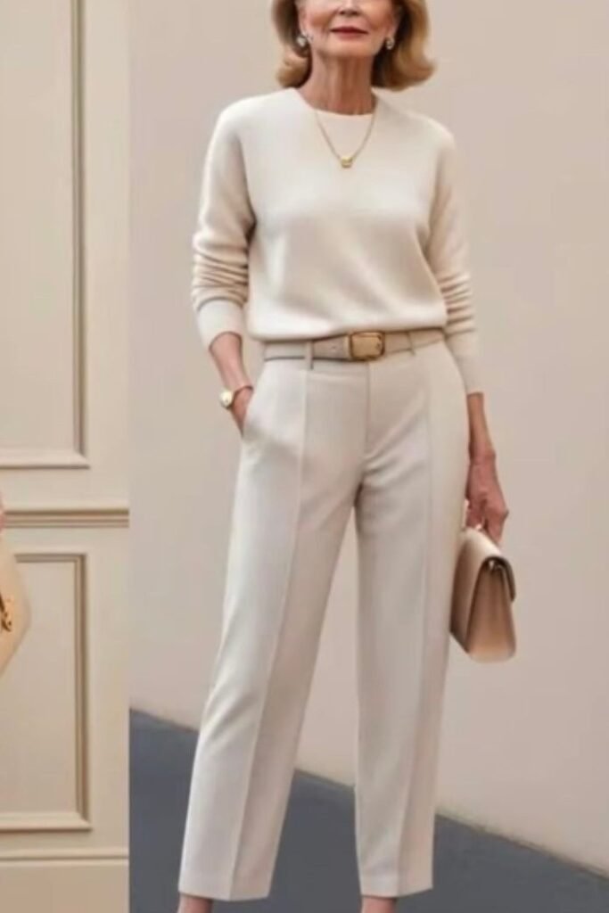 Cream Crewneck Sweater + Cream Tailored Trousers + Gold Buckle Belt