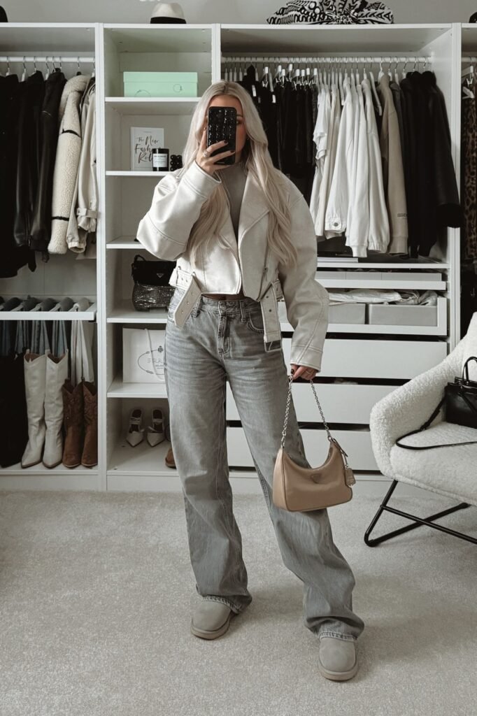 Cream Cropped Moto Jacket + Grey High Neck Top + Grey Wide Leg Jeans + Grey Suede Boots
