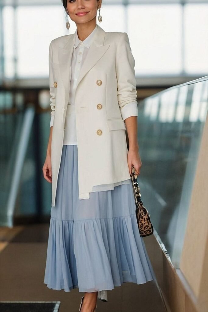 Cream Double Breasted Blazer + White Blouse + Dusty Blue Tiered Skirt + Leopard Print Mini Handbag