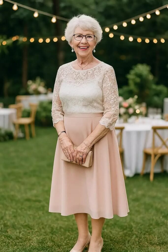 Cream Lace Bodice A-Line Dress with Blush Skirt + Nude Round-Toe Heels + Beige Clutch