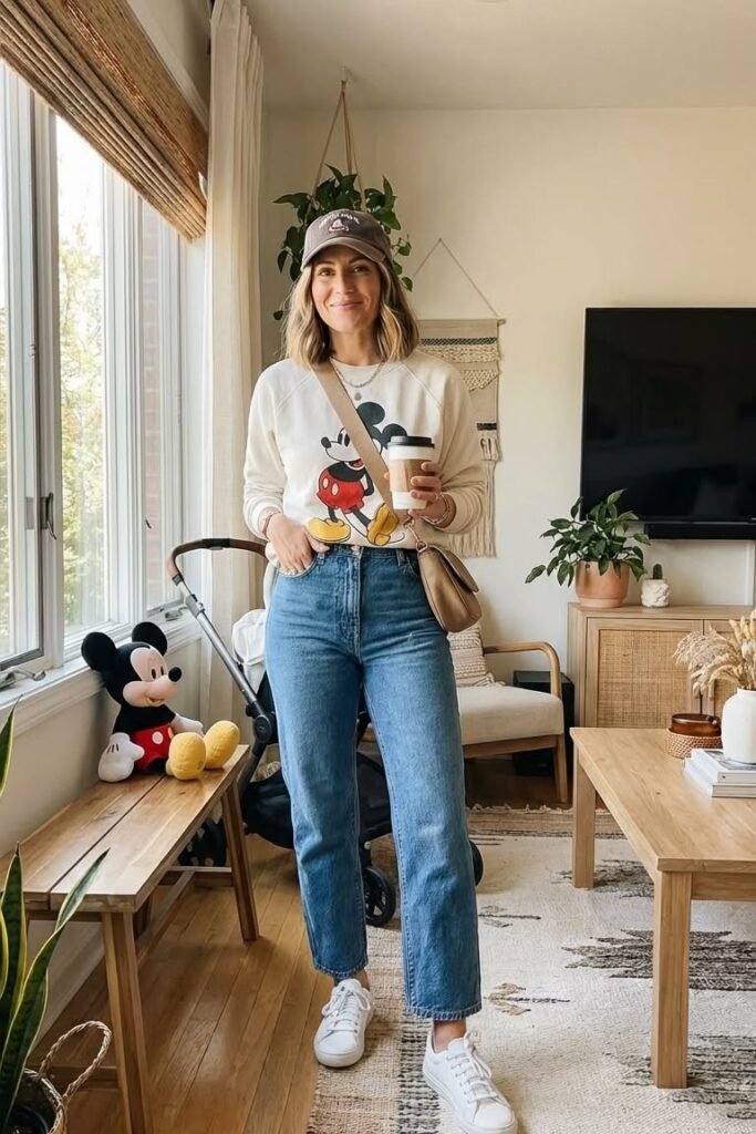 Cream Mickey Mouse Sweatshirt + High Waisted Blue Jeans + White Sneakers