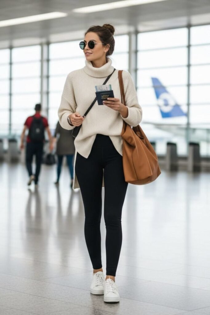 Cream Off The Shoulder Turtleneck Sweater + Black Leggings + White Sneakers