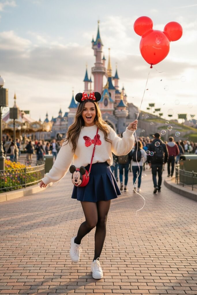 Cream Oversized Bow Sweater + Navy Skater Skirt + Black Tights + White Sneakers