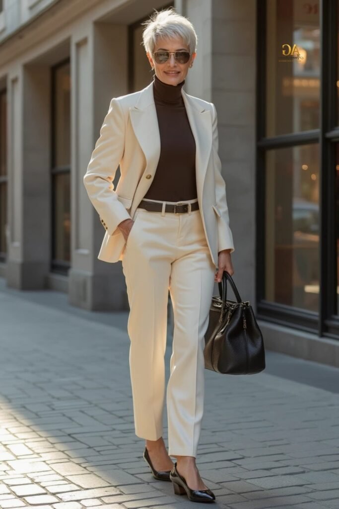 Cream Pantsuit + Dark Brown Turtleneck + Black Leather Belt + Black Structured Tote