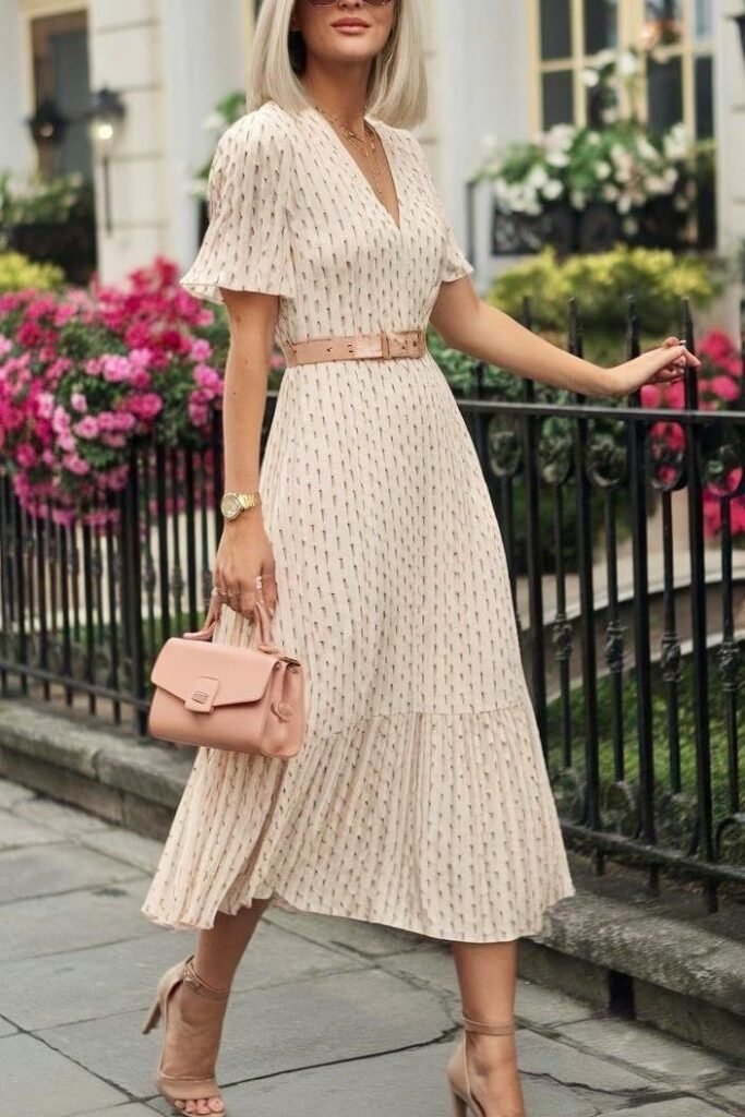 Cream Patterned V Neck Midi Dress + Tan Leather Belt + Nude Ankle Strap Heels
