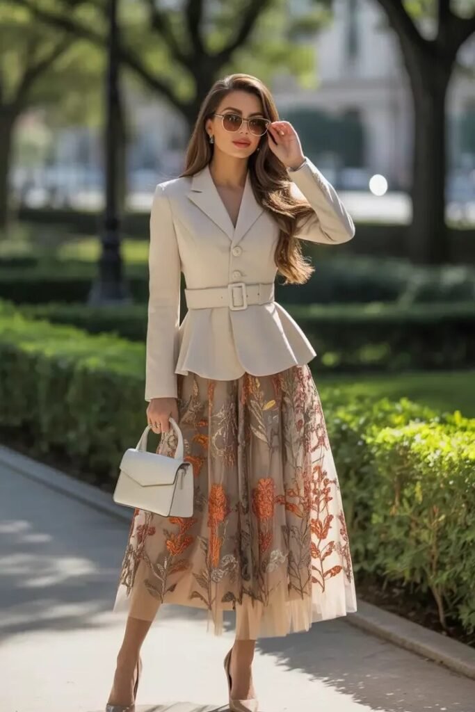Cream Peplum Blazer + Embroidered Floral Tulle Midi Skirt + White Mini Handbag + Nude Heels