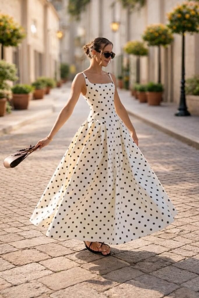 Cream Polka Dot A Line Gown + Black Flat Sandals + Brown Leather Bag