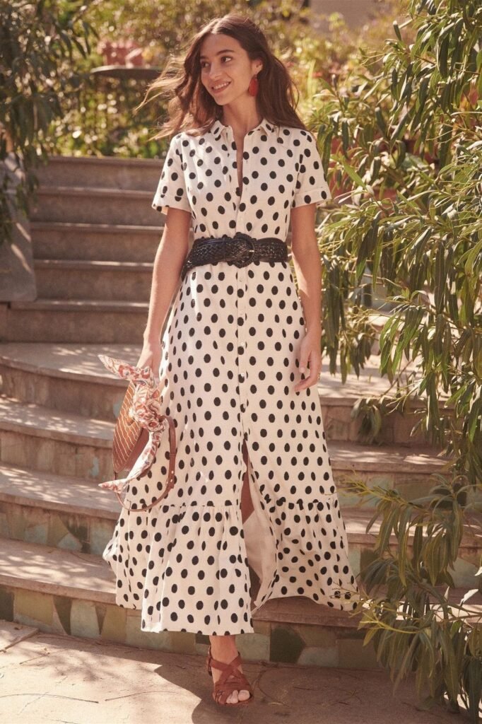 Cream Polka Dot Button Down Maxi Dress + Black Braided Belt + Brown Strappy Sandals
