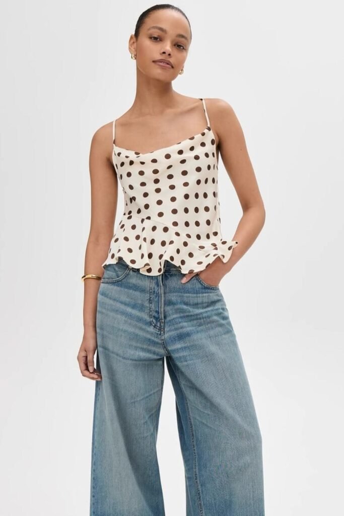 Cream Polka Dot Cami + Light Wash Wide Leg Jeans + Gold Accessories