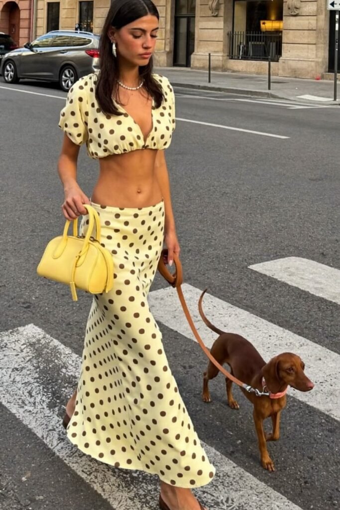 Cream Polka Dot Crop Top + Matching Low-Rise Maxi Skirt + Yellow Handbag