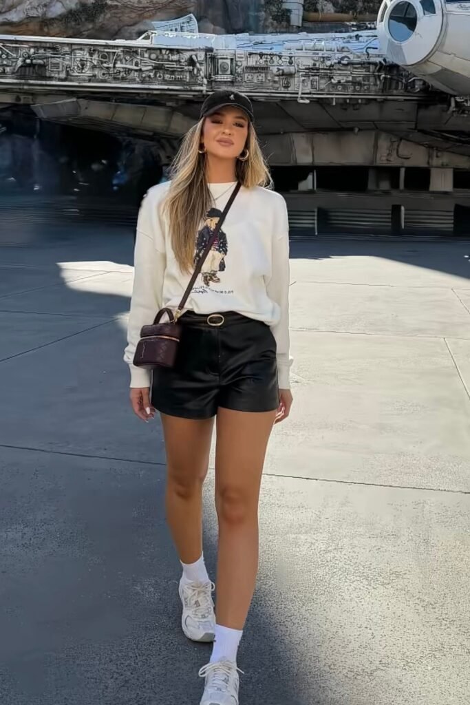 Cream Polo Bear Sweatshirt + Black Leather Shorts + White Sneakers
