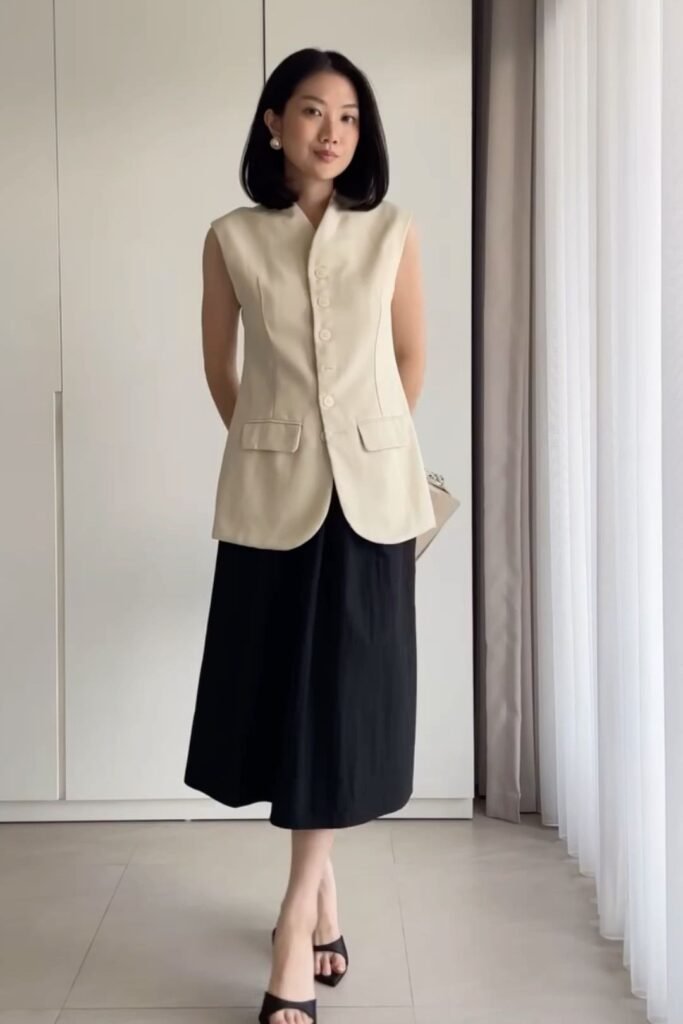 Cream Sleeveless Tailored Vest + Black Midi Skirt + Black Heeled Sandals