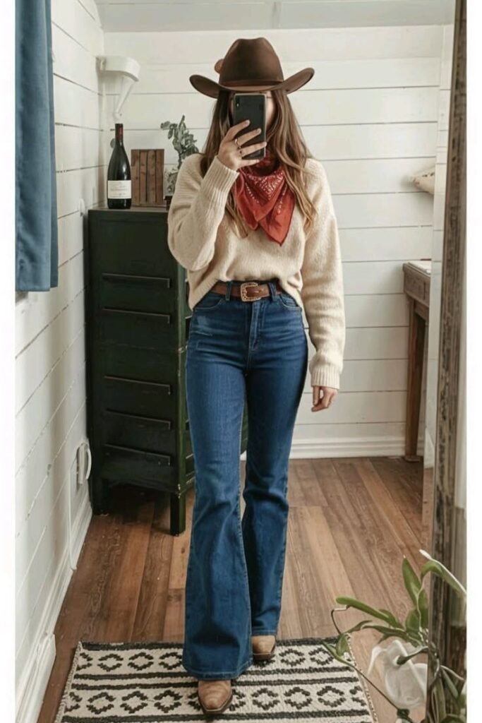 Cream Sweater + Red Bandana + Blue Flared Jeans + Cowboy Hat + Brown Boots