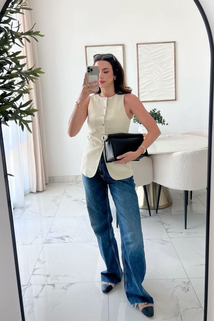 Cream Tailored Vest + Medium Wash Wide Leg Jeans + Black Cap Toe Flats