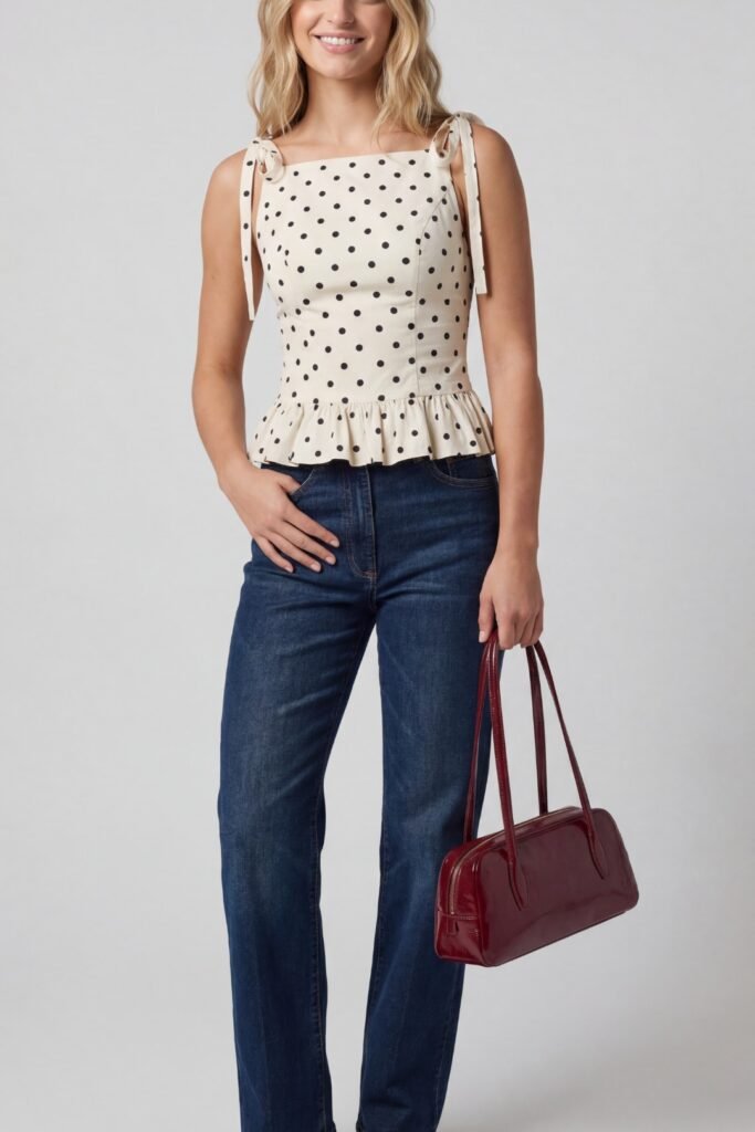 Cream Tie-Strap Polka Dot Top + Slim Fit Blue Jeans + Red Patent Leather Bag