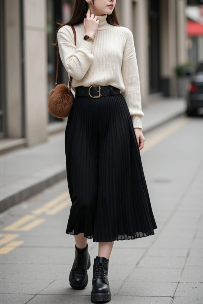 Cream Turtleneck Sweater + Black Pleated Midi Skirt + Black Lace Up Boots