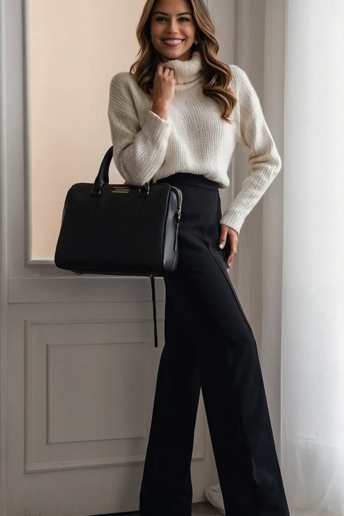 Cream Turtleneck Sweater + Black Trousers + Black Handbag