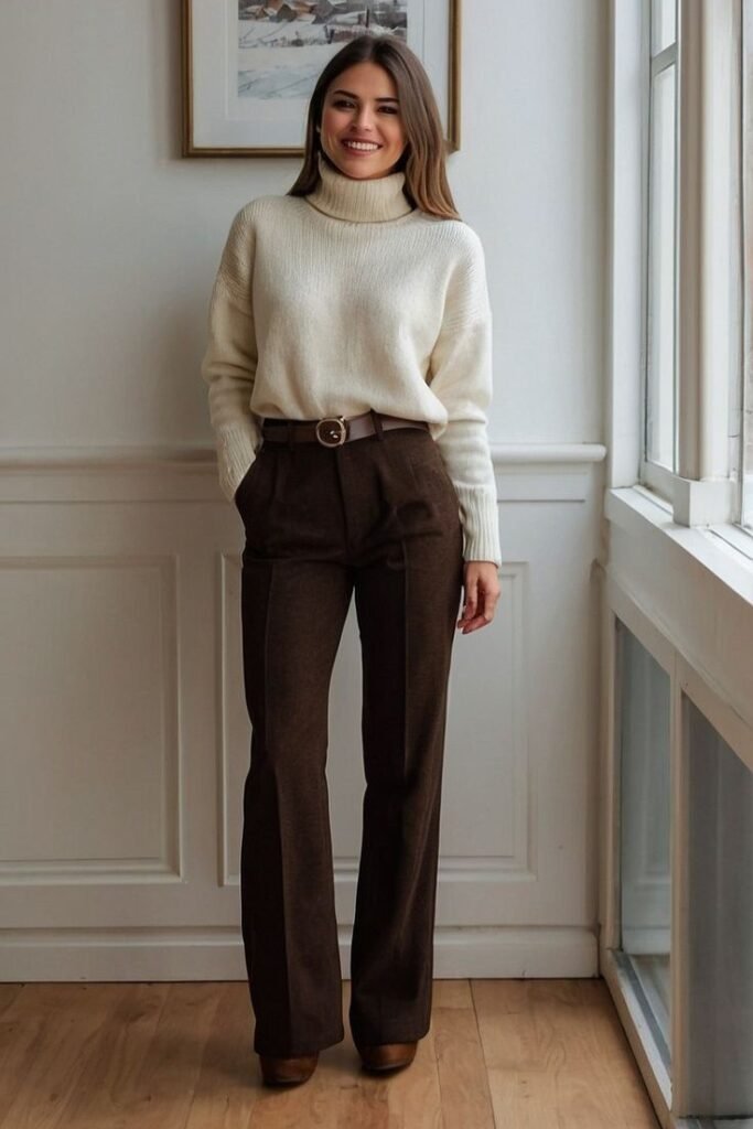 Cream Turtleneck Sweater + Brown Belt + Brown Trousers