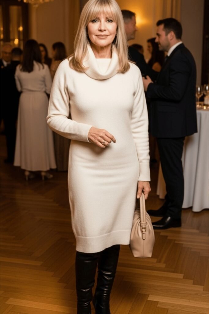 Cream Turtleneck Sweater Dress + Black Over the Knee Boots + Beige Handbag