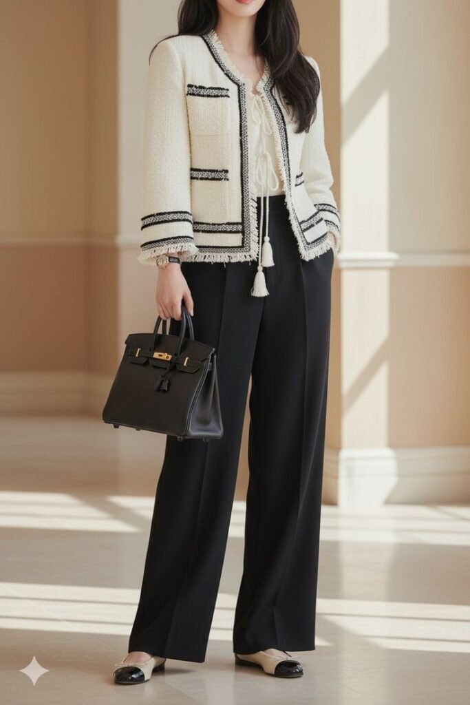 Cream Tweed Jacket + White Tassel Tie Blouse + Black Wide Leg Trousers + Cap Toe Ballet Flats