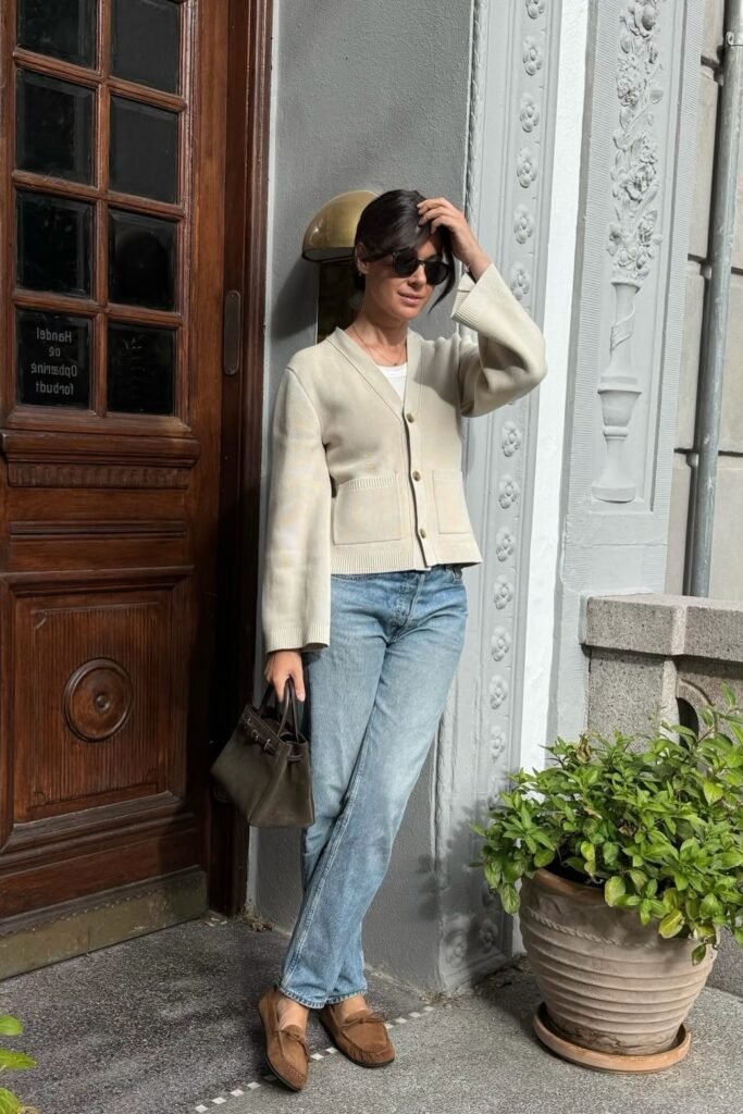 Cream V Neck Cardigan + White T Shirt + Light Wash Straight Leg Jeans + Brown Suede Loafers