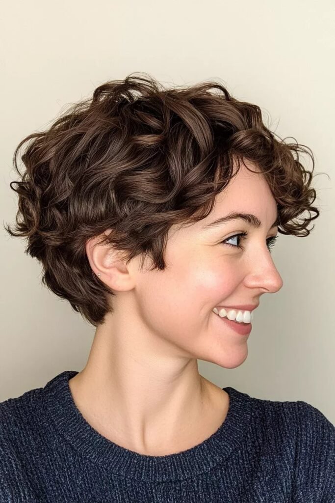 Curly Dark Brown Pixie with Natural Texture