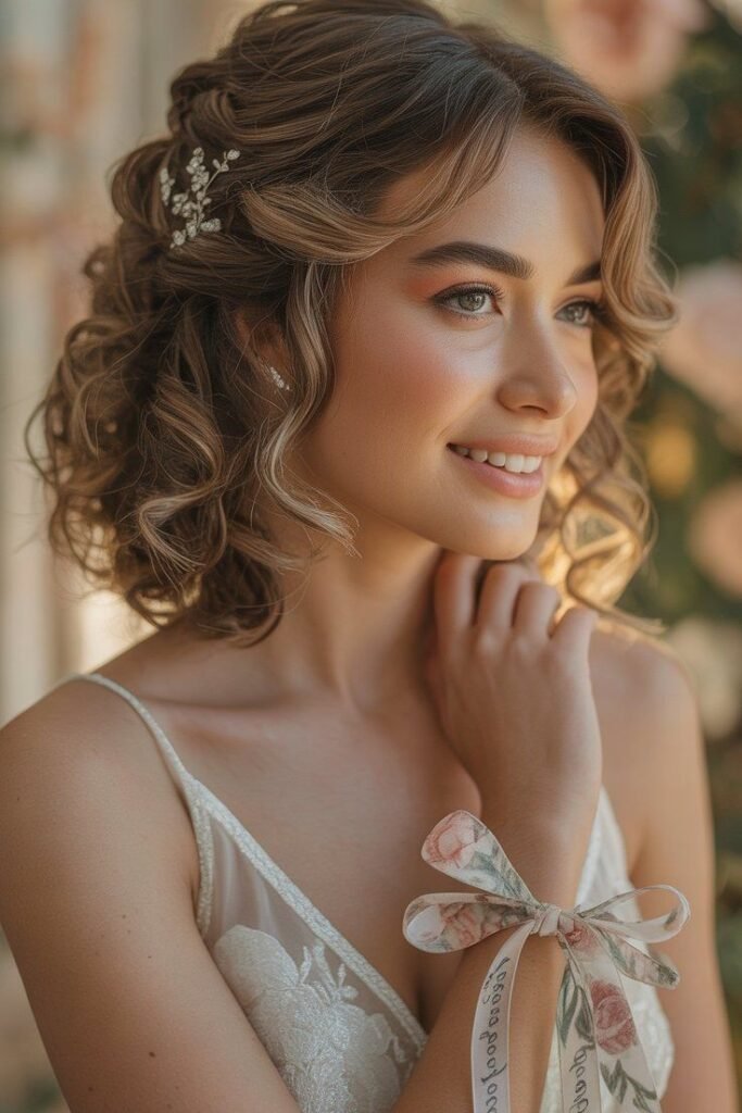 Curly Half-Up Hairstyle with Delicate Floral Hair Vine
