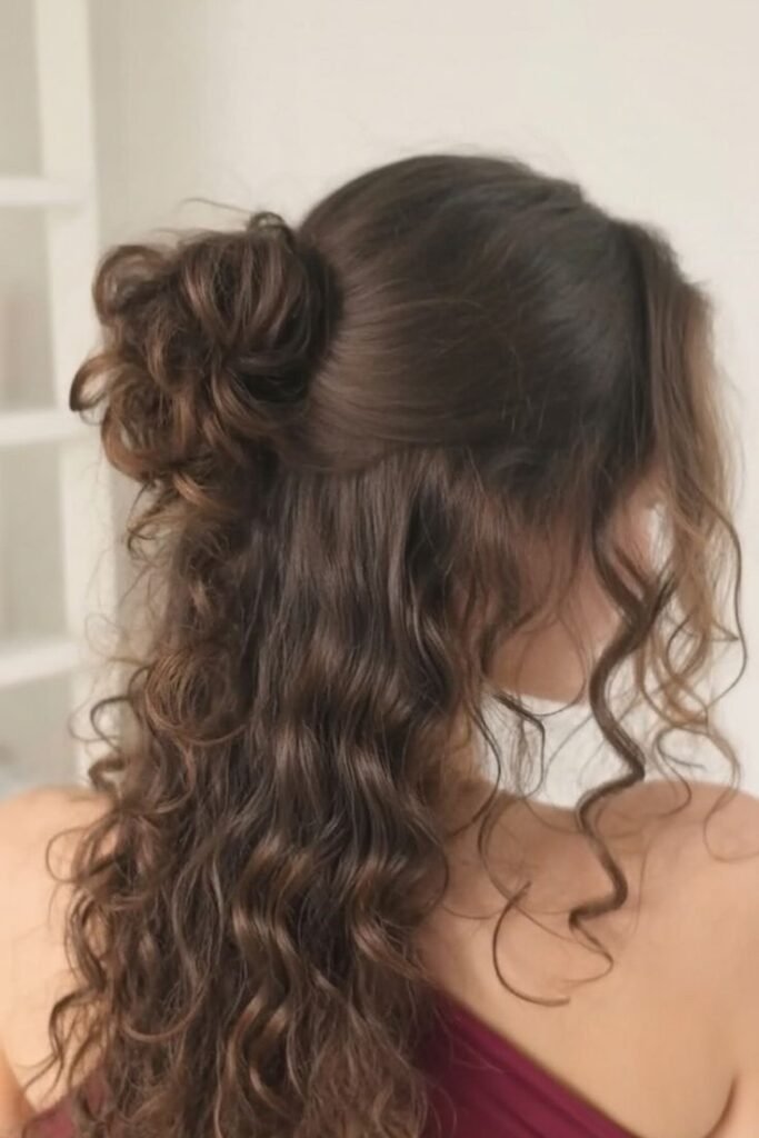 Curly Half-Up Messy Bun with Face-Framing Tendrils