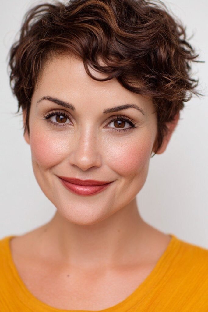 Curly Tapered Pixie with Short Sides and Warm Chocolate Tones