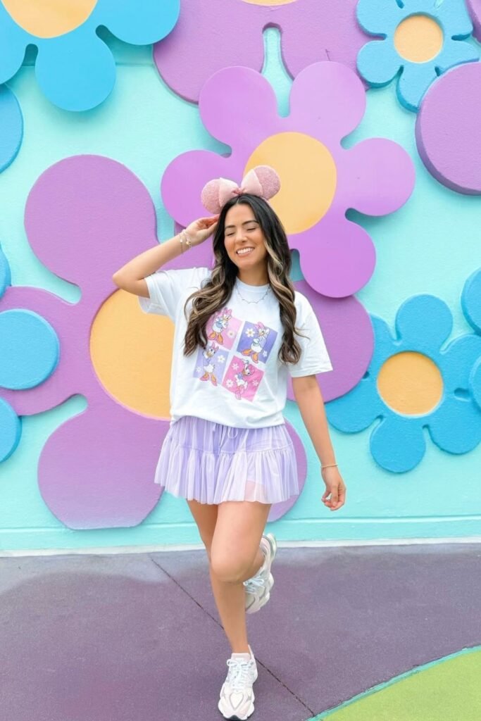 Daisy Duck Graphic Tee + Lavender Tulle Skirt + White Chunky Sneakers