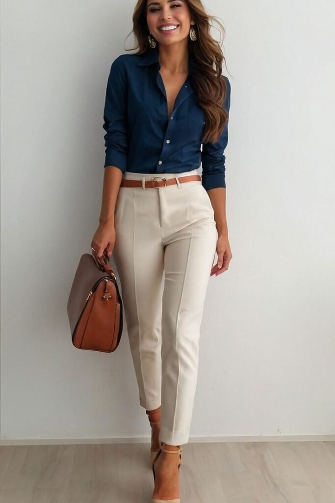 Dark Blue Button Down Shirt + Light Beige Tapered Trousers + Tan Ankle Strap Heels