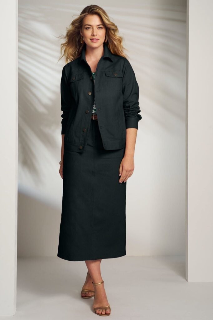 Dark Charcoal Denim Jacket + Matching Charcoal Denim Midi Skirt + Gold Hoop Earrings + Gold Strappy Sandals
