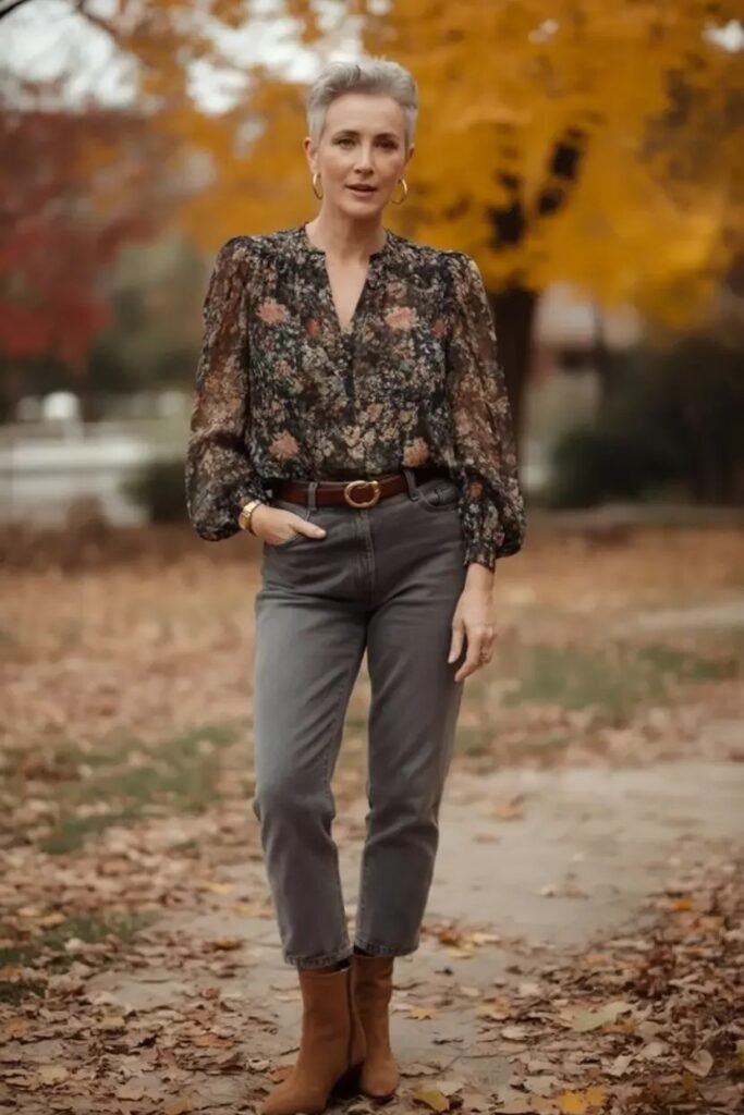 Dark Floral Sheer Blouse + Charcoal Straight Leg Jeans + Cognac Ankle Boots