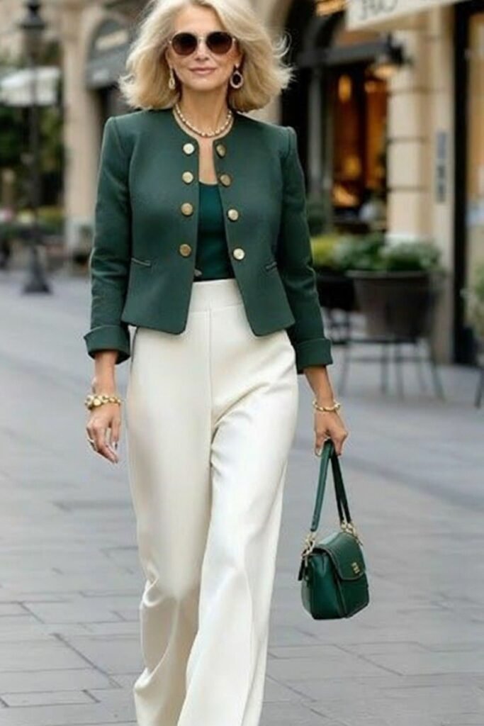 Dark Green Military Style Cropped Jacket + Off White Wide Leg Trousers + Dark Green Handbag