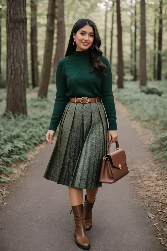 Dark Green Mock Neck Sweater + Metallic Pleated Midi Skirt + Brown Belt + Brown Mid Calf Boots