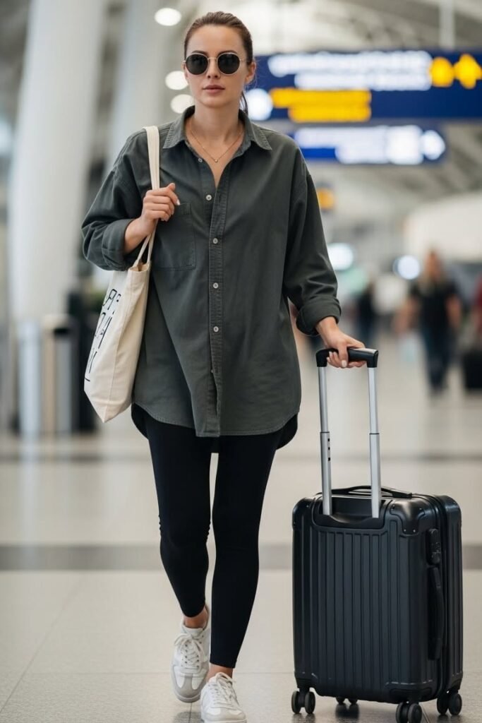 Dark Grey Oversized Button Down Shirt + Black Leggings + Grey and White Sneakers