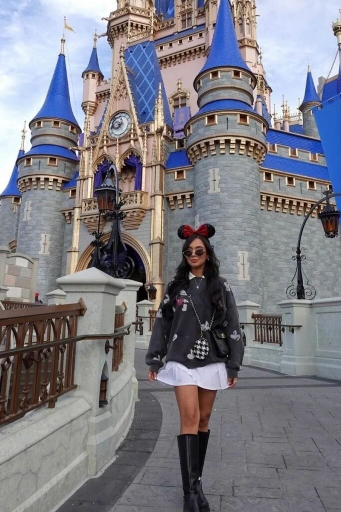 Dark Grey Patterned Sweatshirt + White Pleated Mini Skirt + Black Knee High Boots