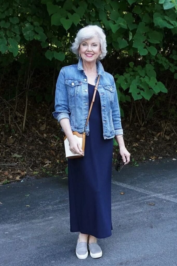 Dark Navy Maxi Dress + Classic Blue Denim Jacket + Grey Slip on Sneakers