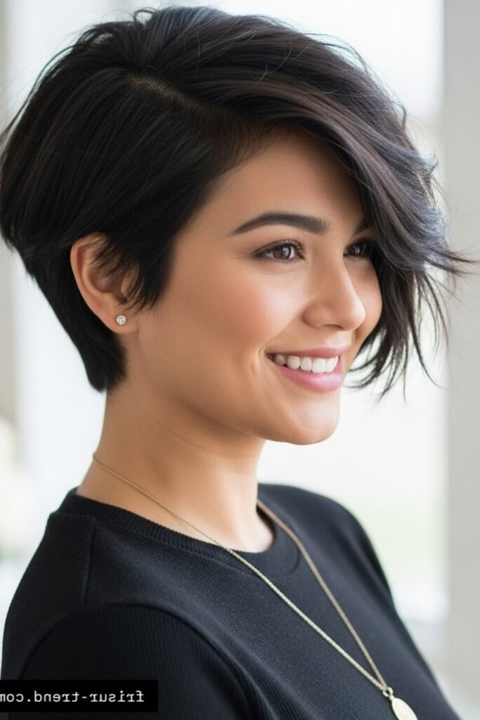 68. Dark Pixie Cut with Side-Swept Volume