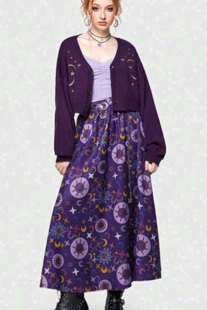 Dark Purple Celestial Cardigan + Light Purple Crop Top + Celestial Print Maxi Skirt