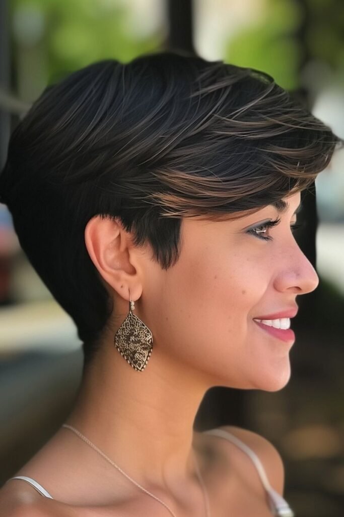 Dark Tapered Pixie with Side-Swept Fringe
