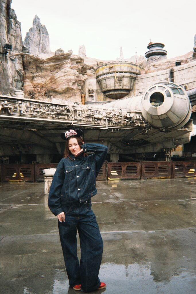 Dark Wash Denim Jacket + Matching Wide Leg Denim Jeans + Polka Dot Minnie Mouse Ears Headband + Red Sneakers