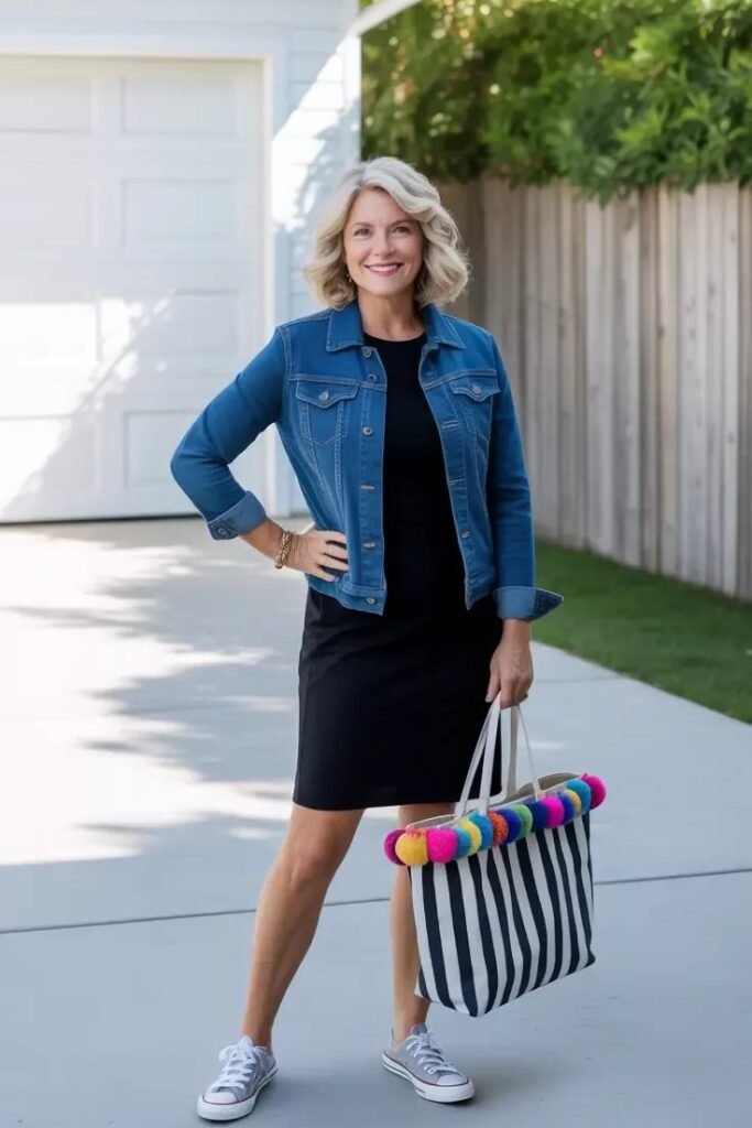 Dark Wash Denim Jacket over Black Sheath Dress + Grey Low Top Sneakers