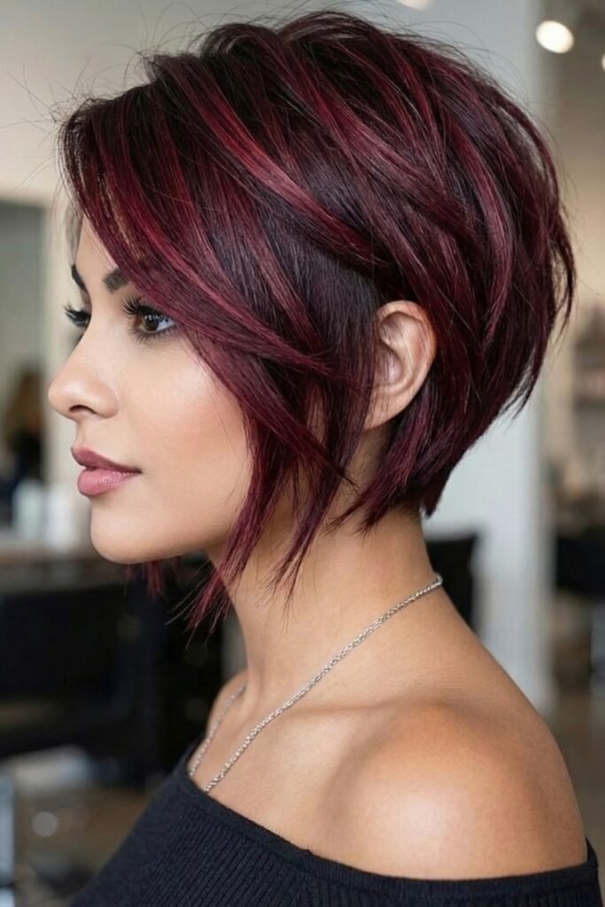 80. Deep Burgundy Layered Pixie Cut