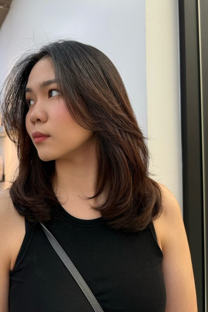 56. Deep Mocha Brown Shoulder Length Style with Face-Framing Layers